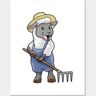 Sheep as Farmer with Rake & Hat Posters and Art